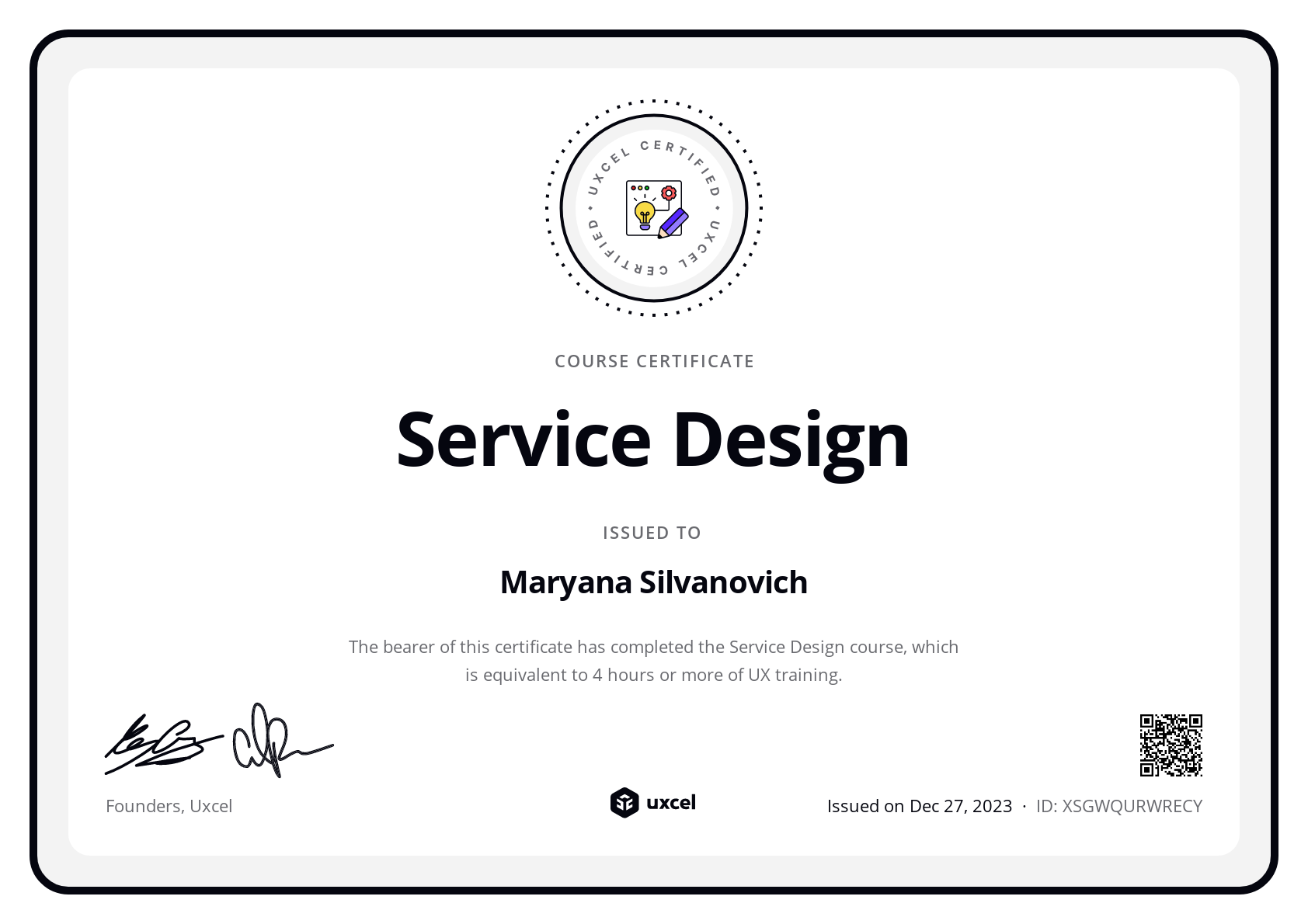 Maryana Silvanovich's certificate